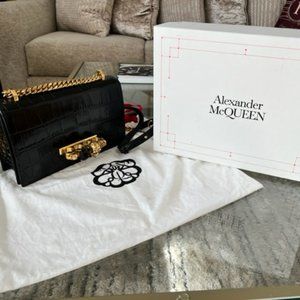 Alexander McQueen Black Crocodile Embossed Calfskin Jewelled Medium Satchel